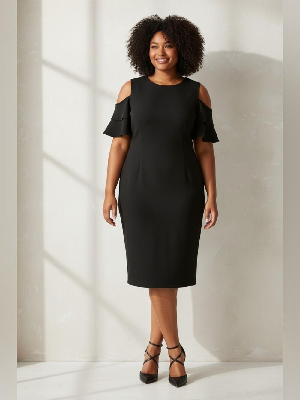 Calvin Klein cold-shoulder ruffle-sleeve dress Black Sz 14